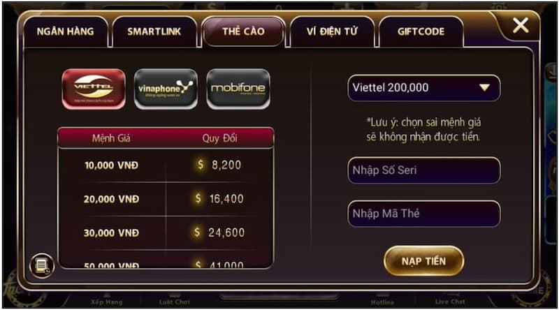 hình thức nạp, rút tiền được cung cấp