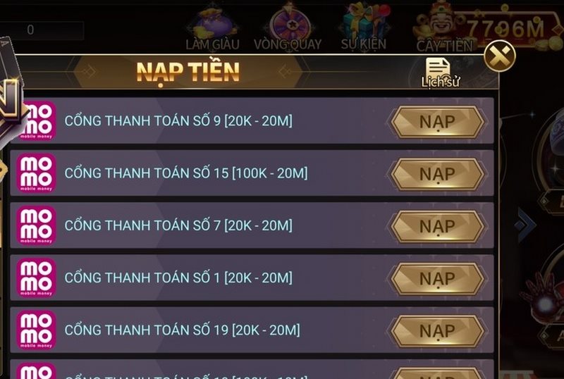 nạp tiền hình thức qua ví điện tử