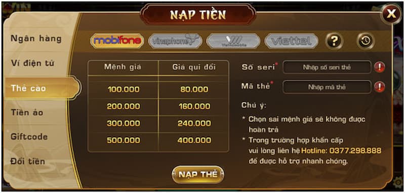 hình thức nạp, rút đang cung cấp