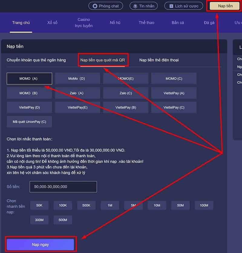 sử dụng momo để nạp ngay